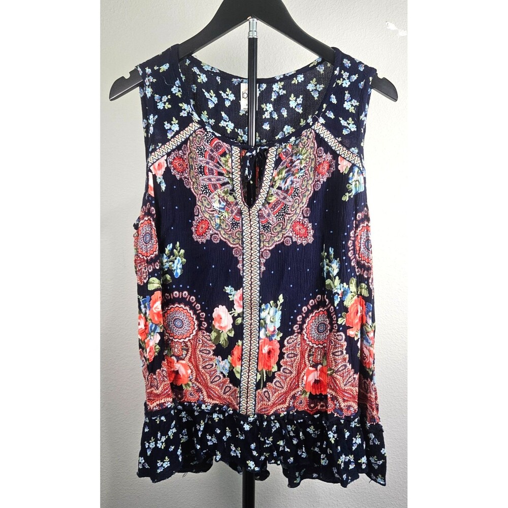 Bila XXL Boho Floral Paisley Sleeveless Tunic Top Ruffle Hem Rayon Festival
